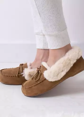 Isotoner Ladies Genuine Suede Moccasin with Faux Fur Lining by Totes | Look Again