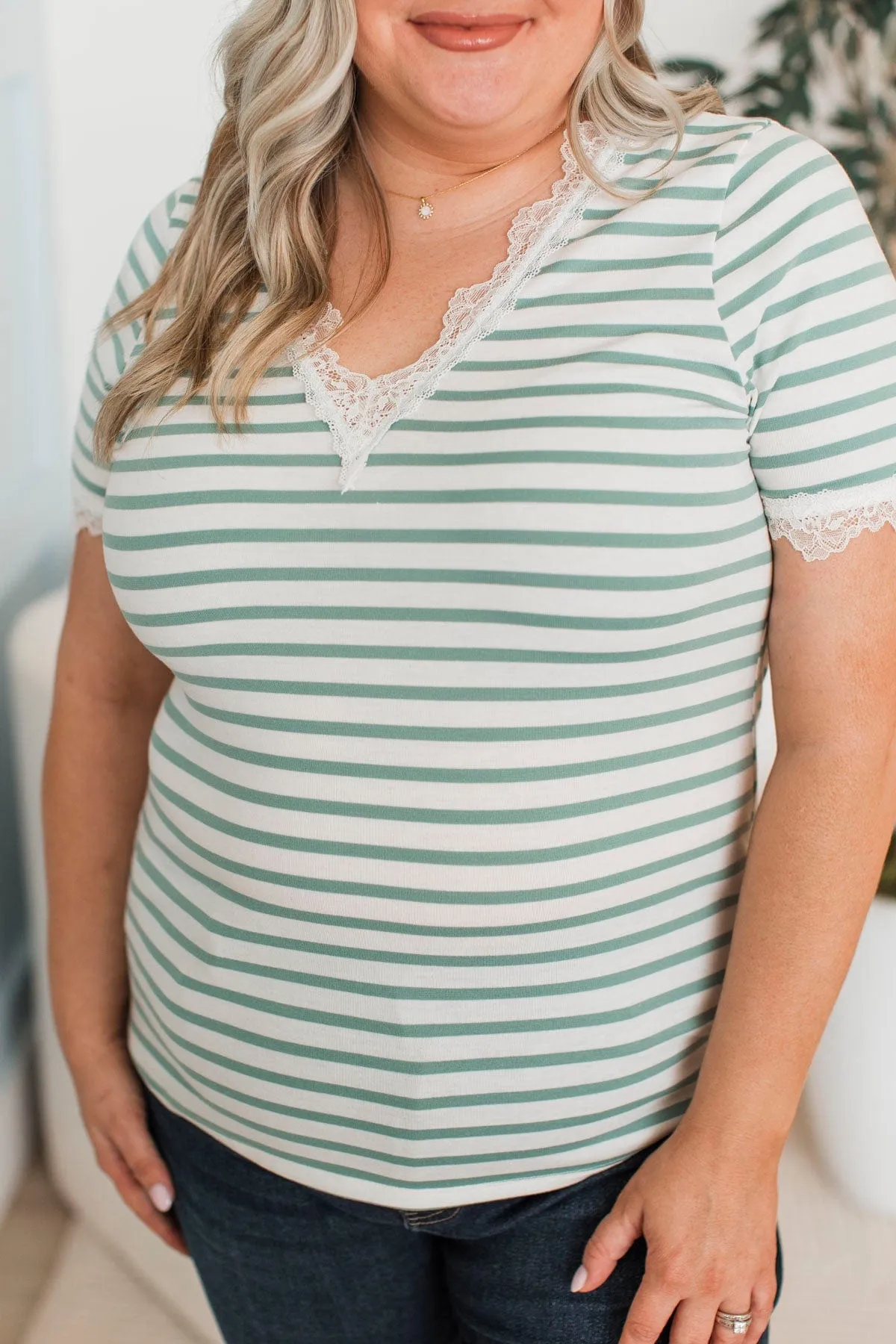 Just The Sweetest Striped Lace Top- Mint & White