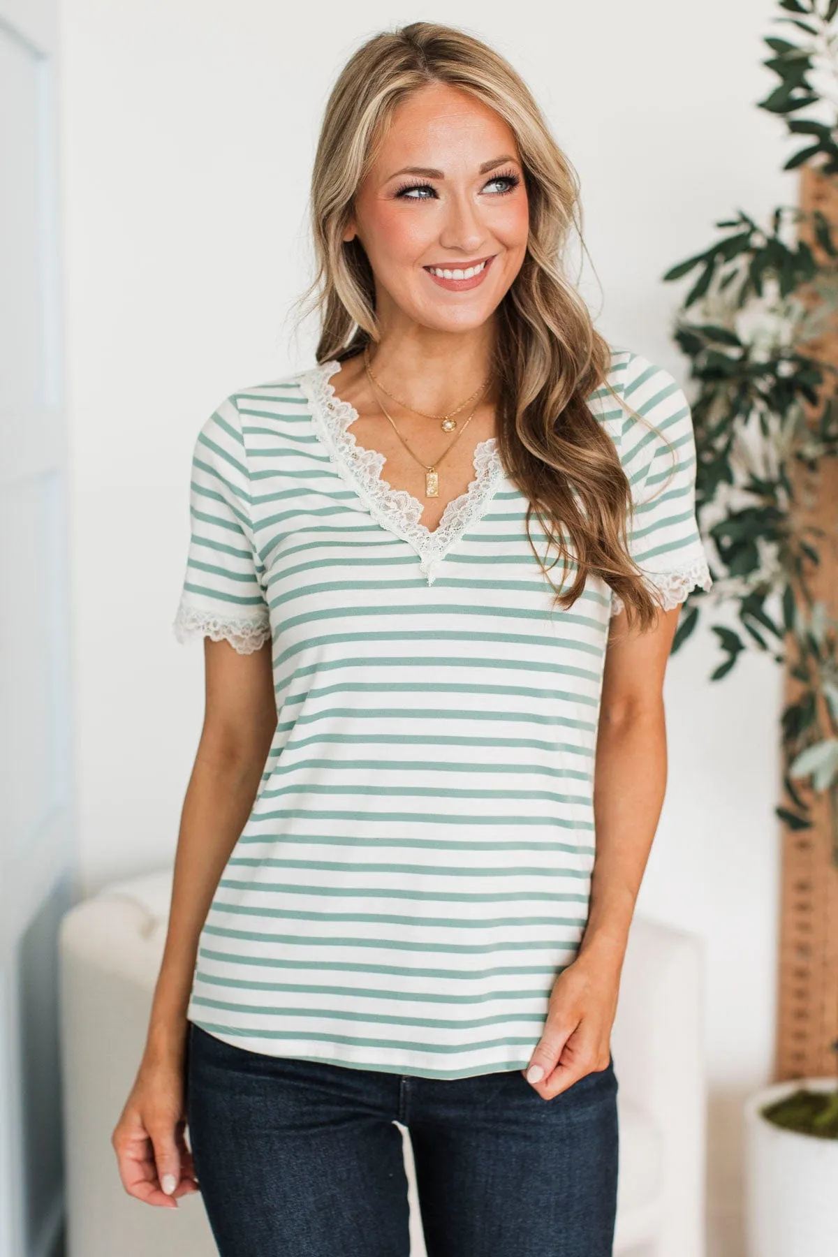 Just The Sweetest Striped Lace Top- Mint & White