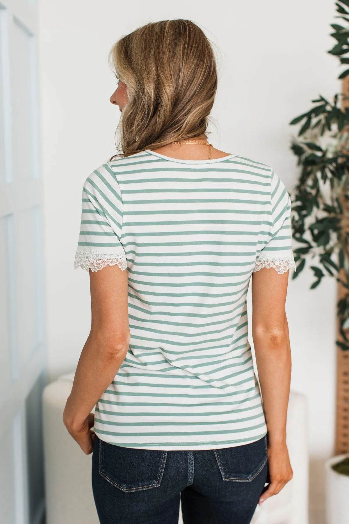 Just The Sweetest Striped Lace Top- Mint & White