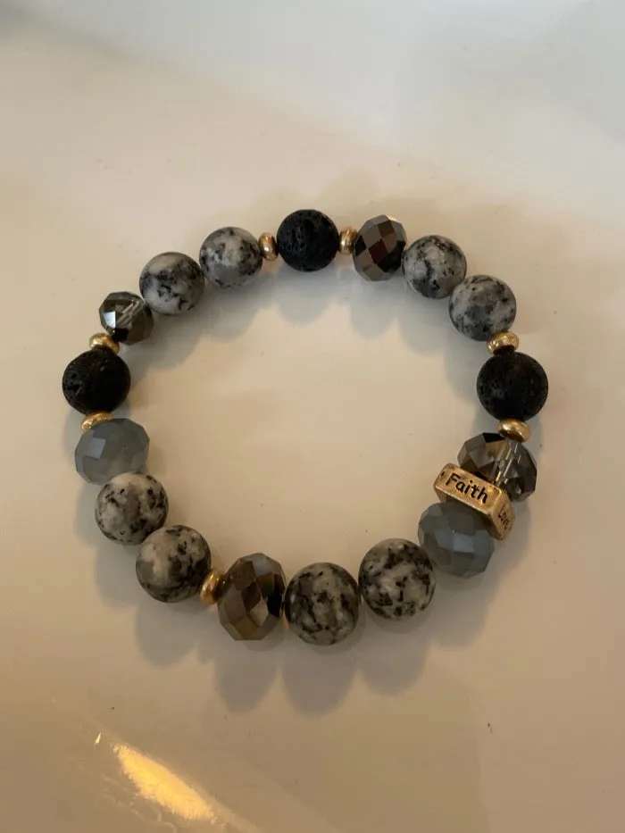 Lava Stone, Jasper and Glass bead Gemstone Bead bracelet, 10mm