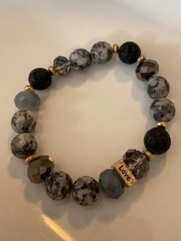 Lava Stone, Jasper and Glass bead Gemstone Bead bracelet, 10mm