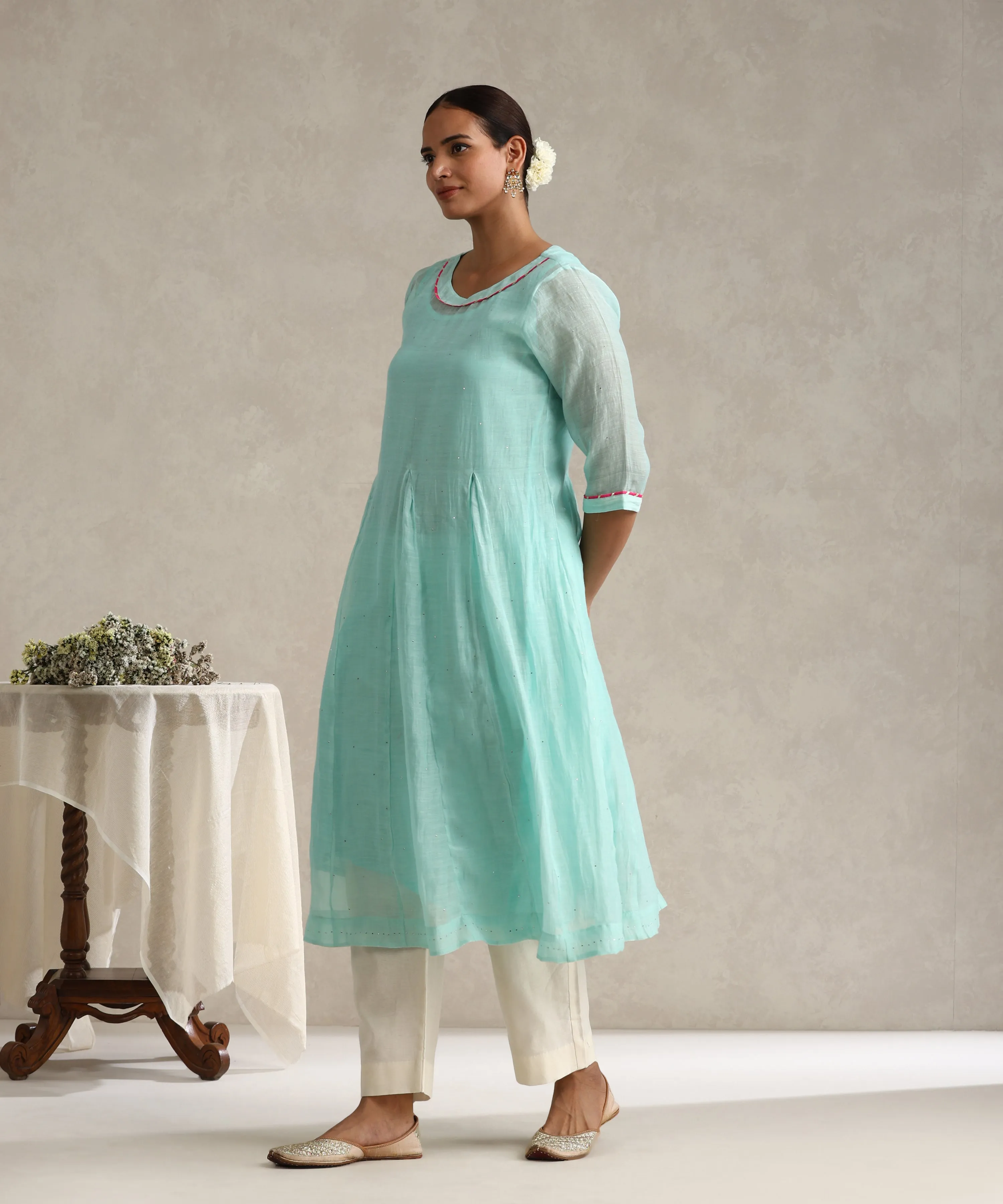 Light Blue Chanderi Mulmul Kurta Set With Muqaish Work And Cotton Slip Lining