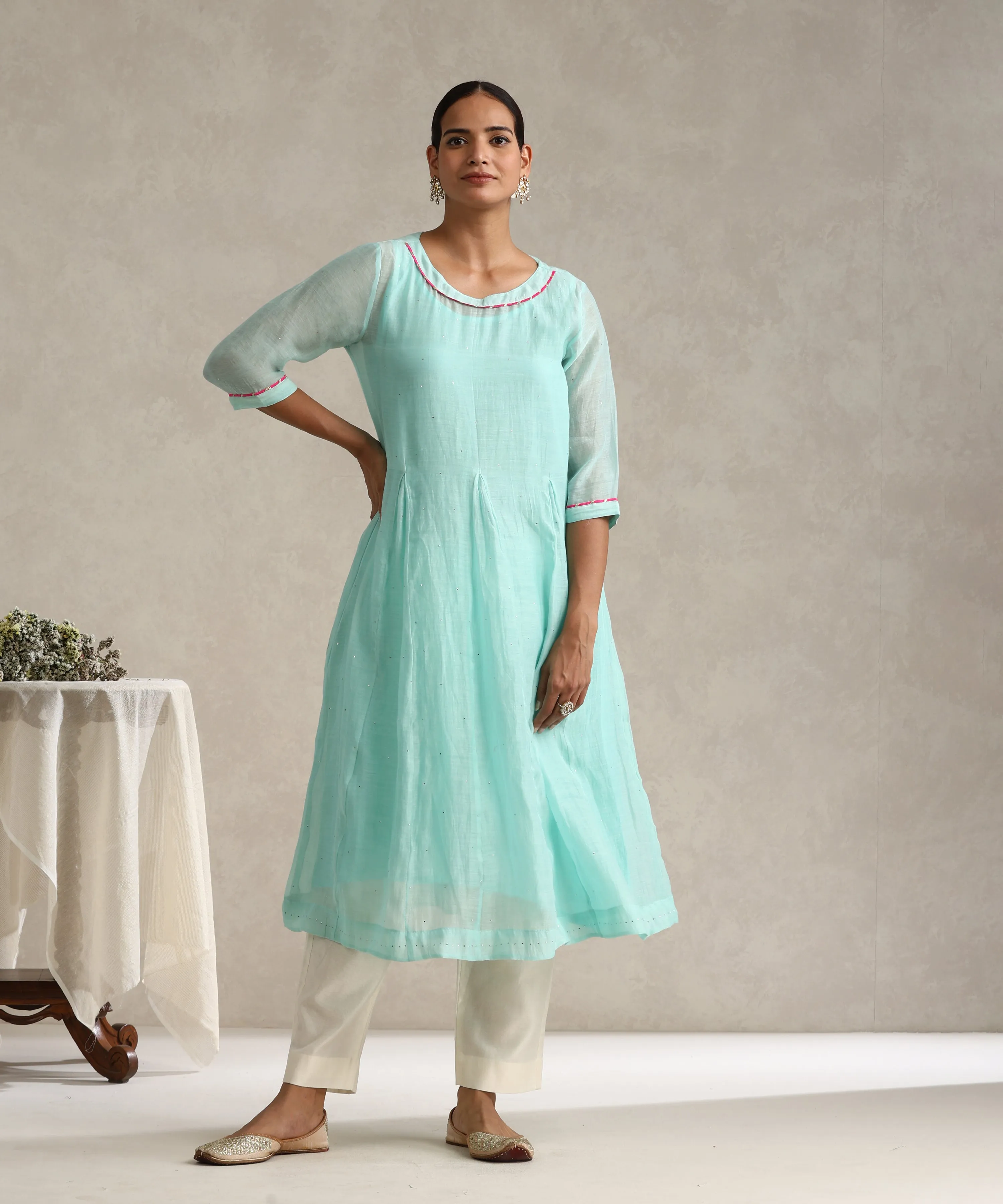 Light Blue Chanderi Mulmul Kurta Set With Muqaish Work And Cotton Slip Lining