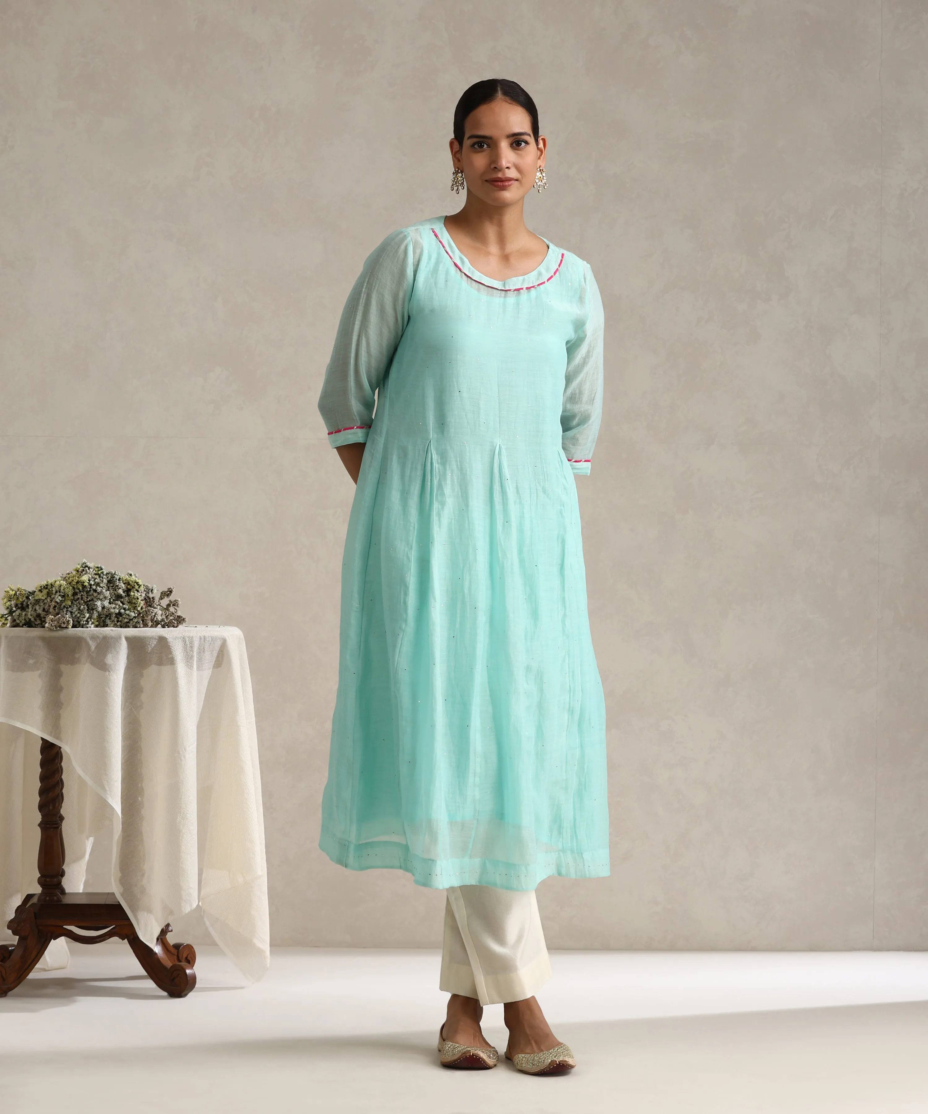 Light Blue Chanderi Mulmul Kurta Set With Muqaish Work And Cotton Slip Lining