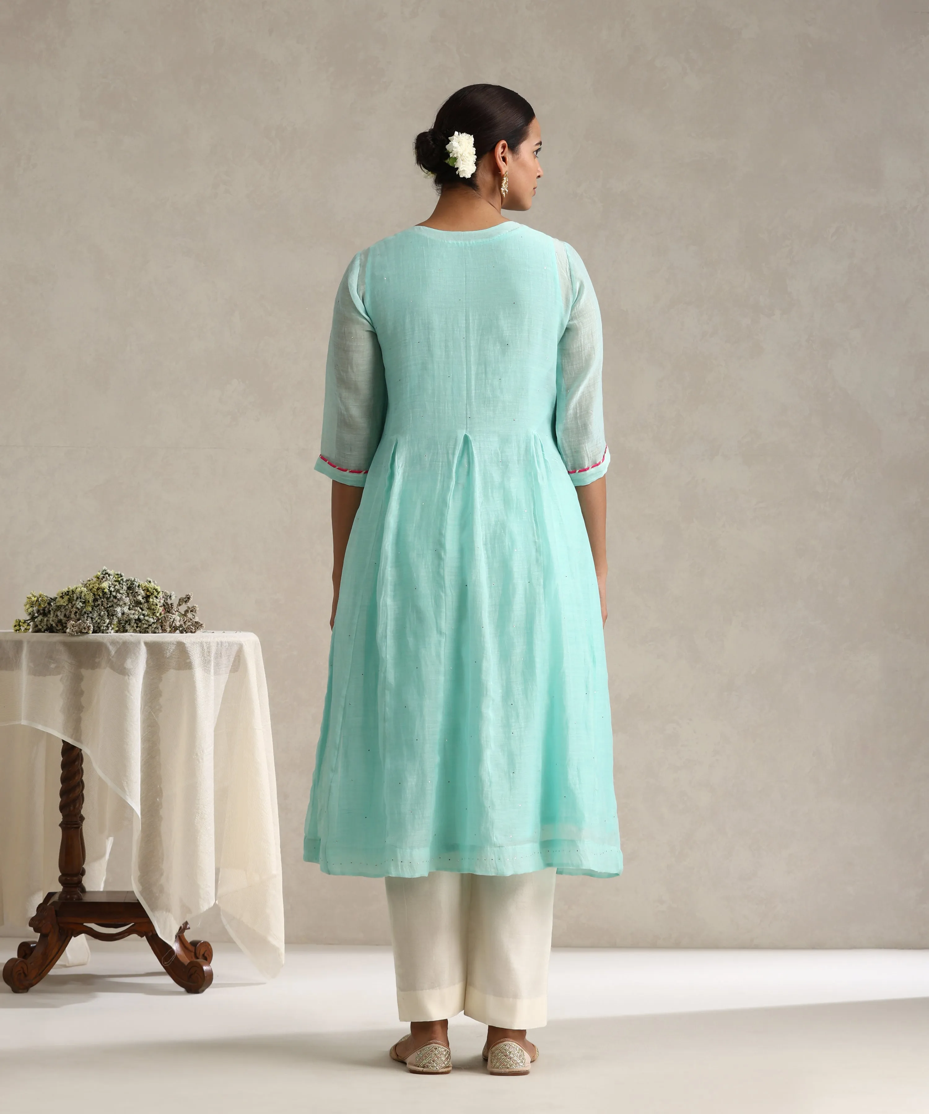 Light Blue Chanderi Mulmul Kurta Set With Muqaish Work And Cotton Slip Lining