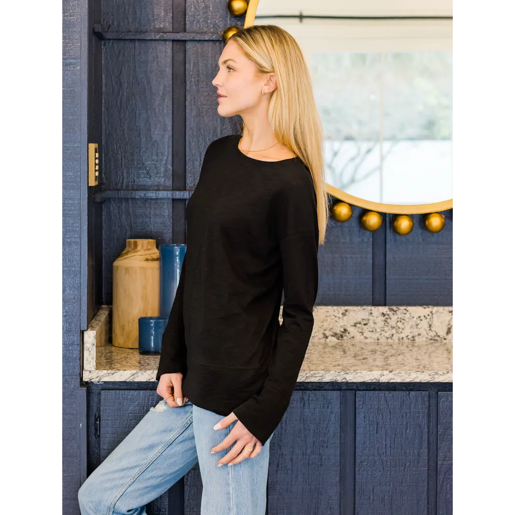 Long Lounge Wide Cuff Crew in Black Pima Cotton Slub