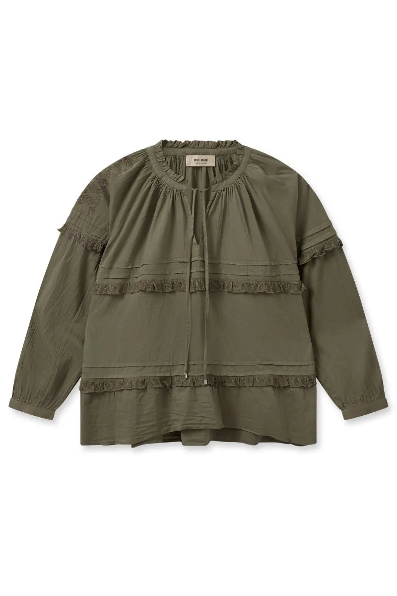 Lou Voile Embroidery Blouse | Dusty Olive | Bluse fra Mos mosh