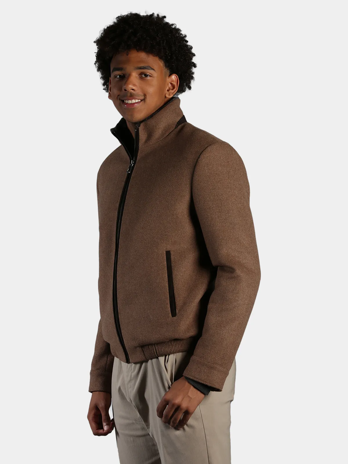 Man's Camel Fabric Jacket with Brown Shearling Lamb Lining - Day Furs