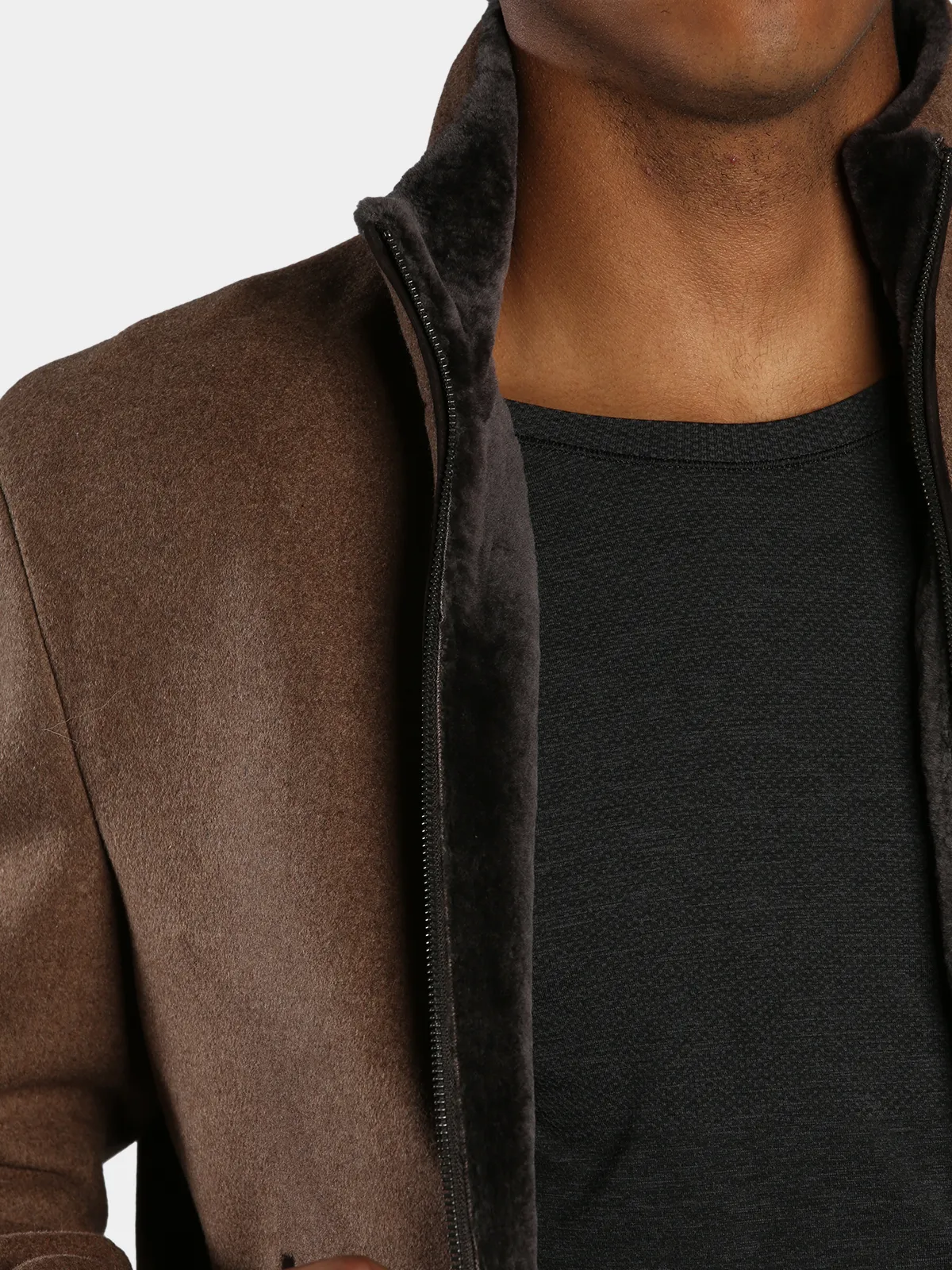 Man's Camel Fabric Jacket with Brown Shearling Lamb Lining - Day Furs