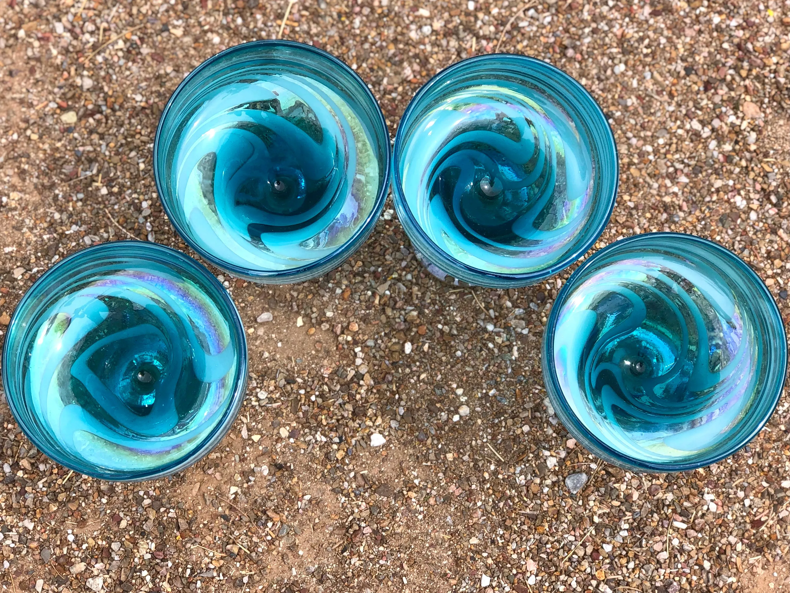 Margarita hand blown glasses in aquamarine with white swirl with clear stem