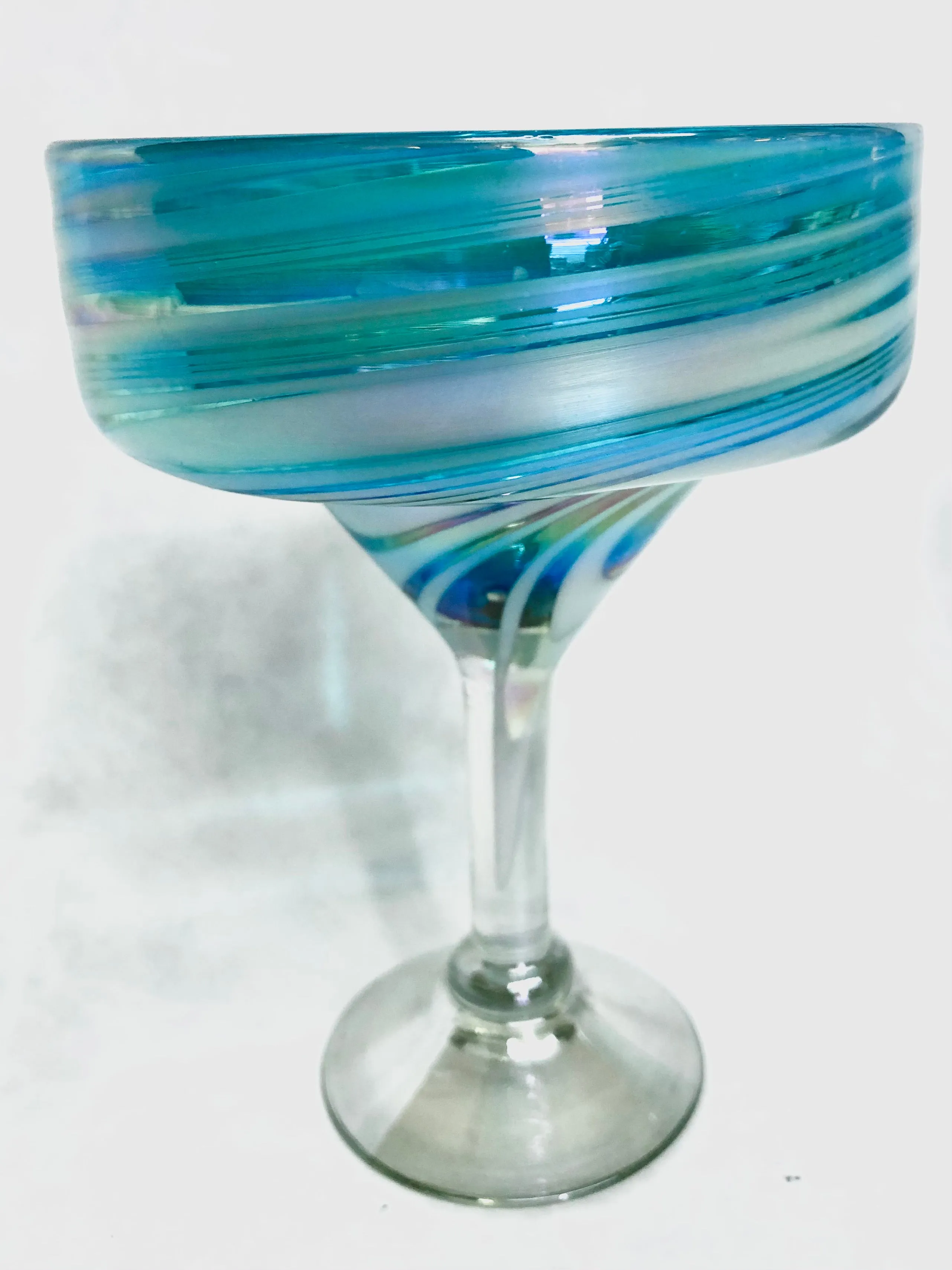 Margarita hand blown glasses in aquamarine with white swirl with clear stem