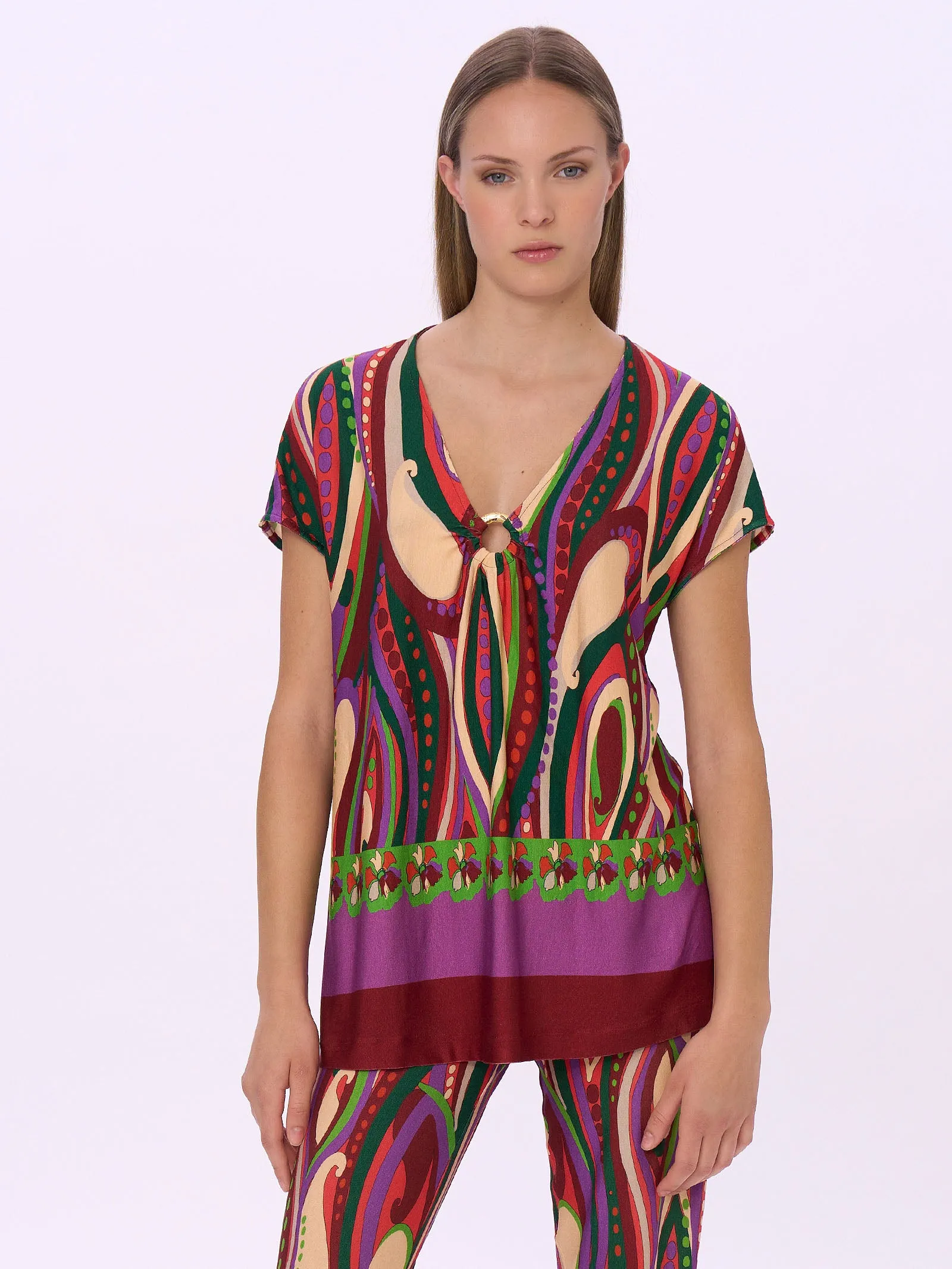 Maxi T-shirt con Scollo a V in Viscosa Summer - Fant. Rhododendron