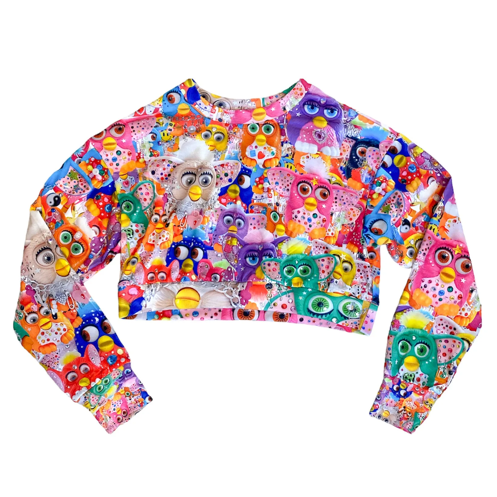 MEDIUM 1-OFF BEDAZZLED FURBY CROPPED SWEATSHIRT