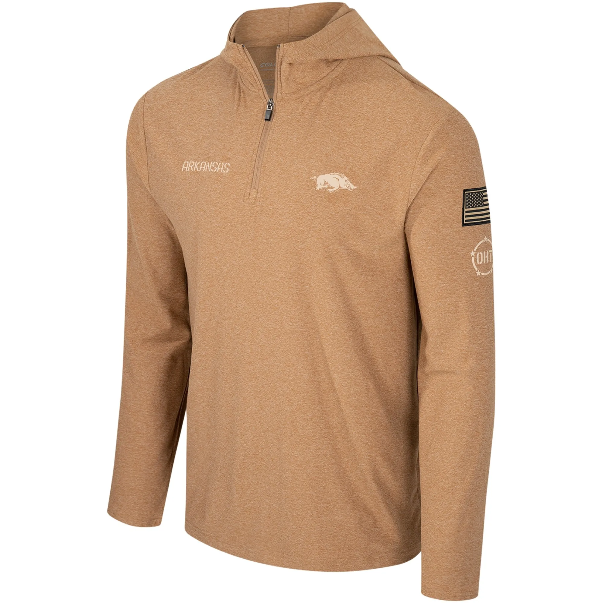 Men's Colosseum Khaki Arkansas Razorbacks OHT Military Appreciation Cloud Jersey Desert Quarter-Zip Pullover