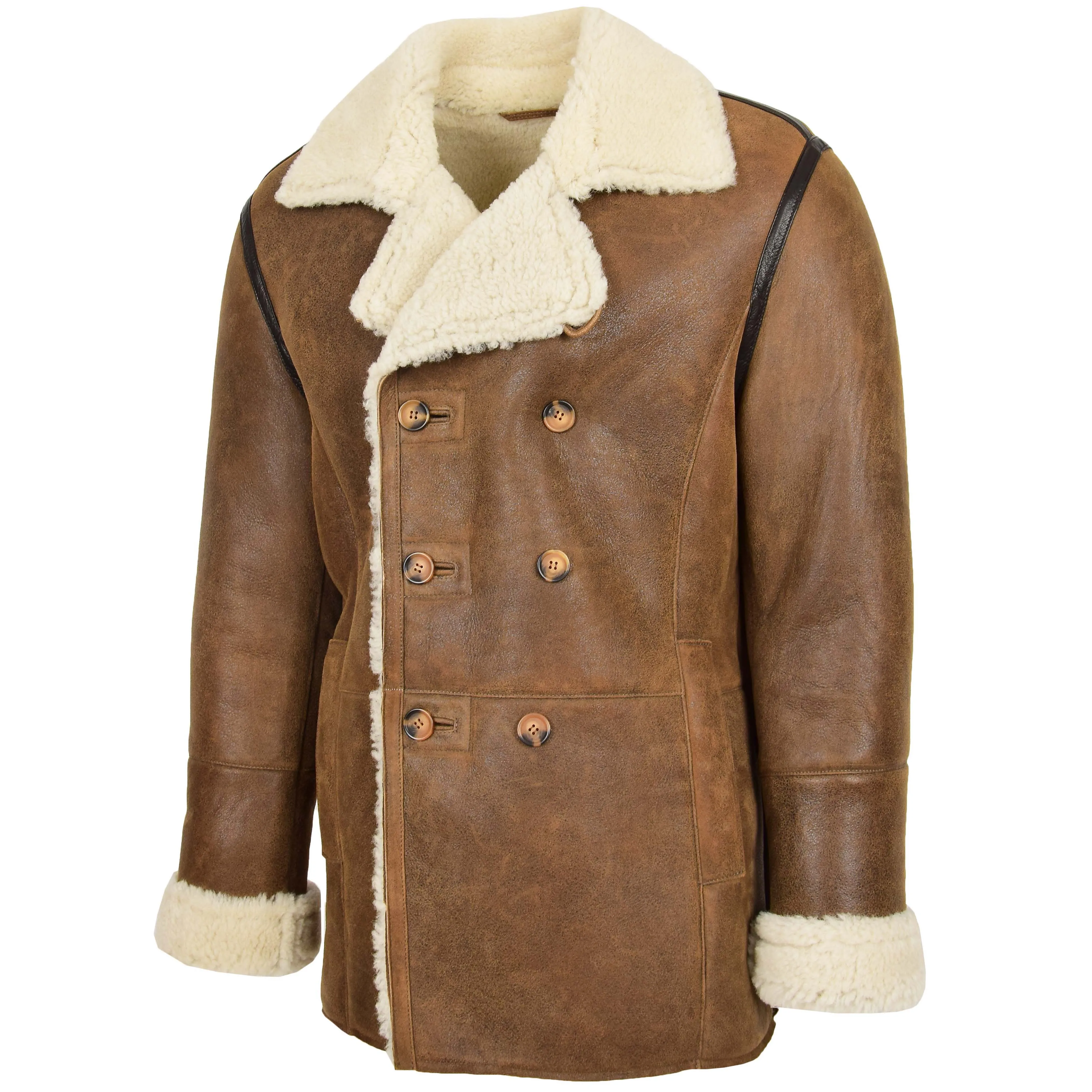 Mens Double Breasted Sheepskin Jacket Theo Cognac