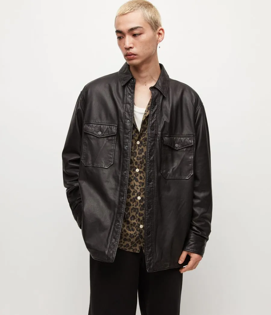 Men’s Oversized Black Genuine Sheepskin Leather Shirt