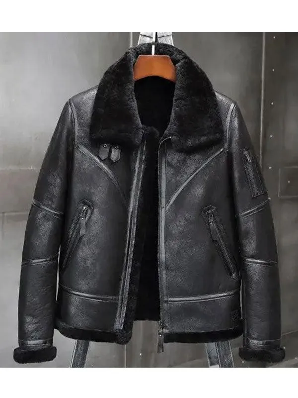 Men's Premium Fur-Lined Sheepskin Leather Bomber Jacket for Winter