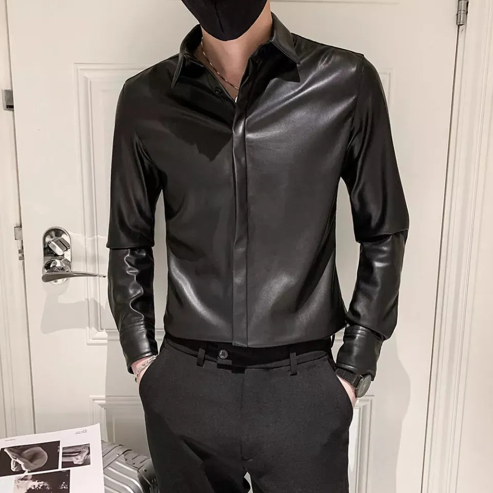 Men’s Slim Fit Black SheepSkin Leather Formal Shirt