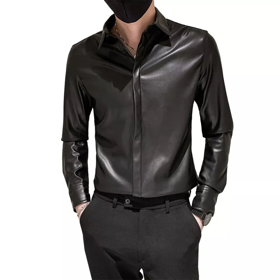 Men’s Slim Fit Black SheepSkin Leather Formal Shirt