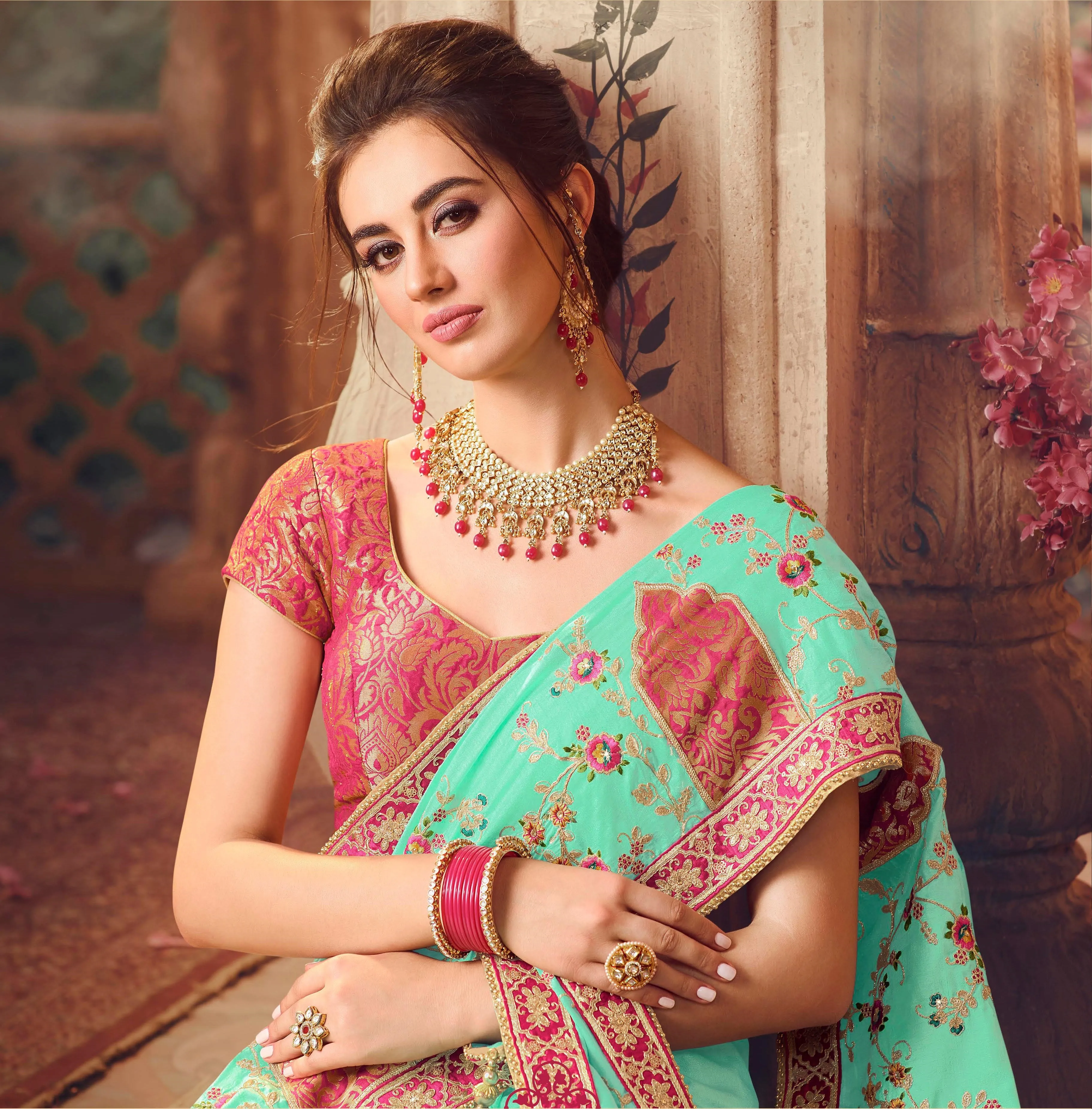 Mint colour Pure Silk Designer Saree