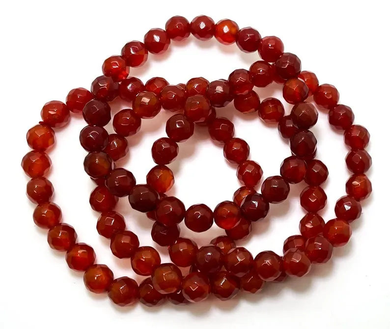 Natural Carnelian Faceted Round Gemstone Stretch Bracelet