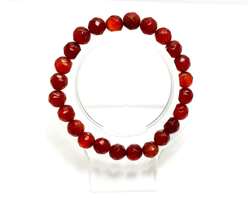 Natural Carnelian Faceted Round Gemstone Stretch Bracelet