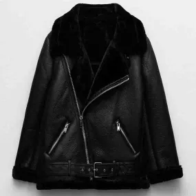 New Women's Sheepskin Leather Biker Jacket with Belt