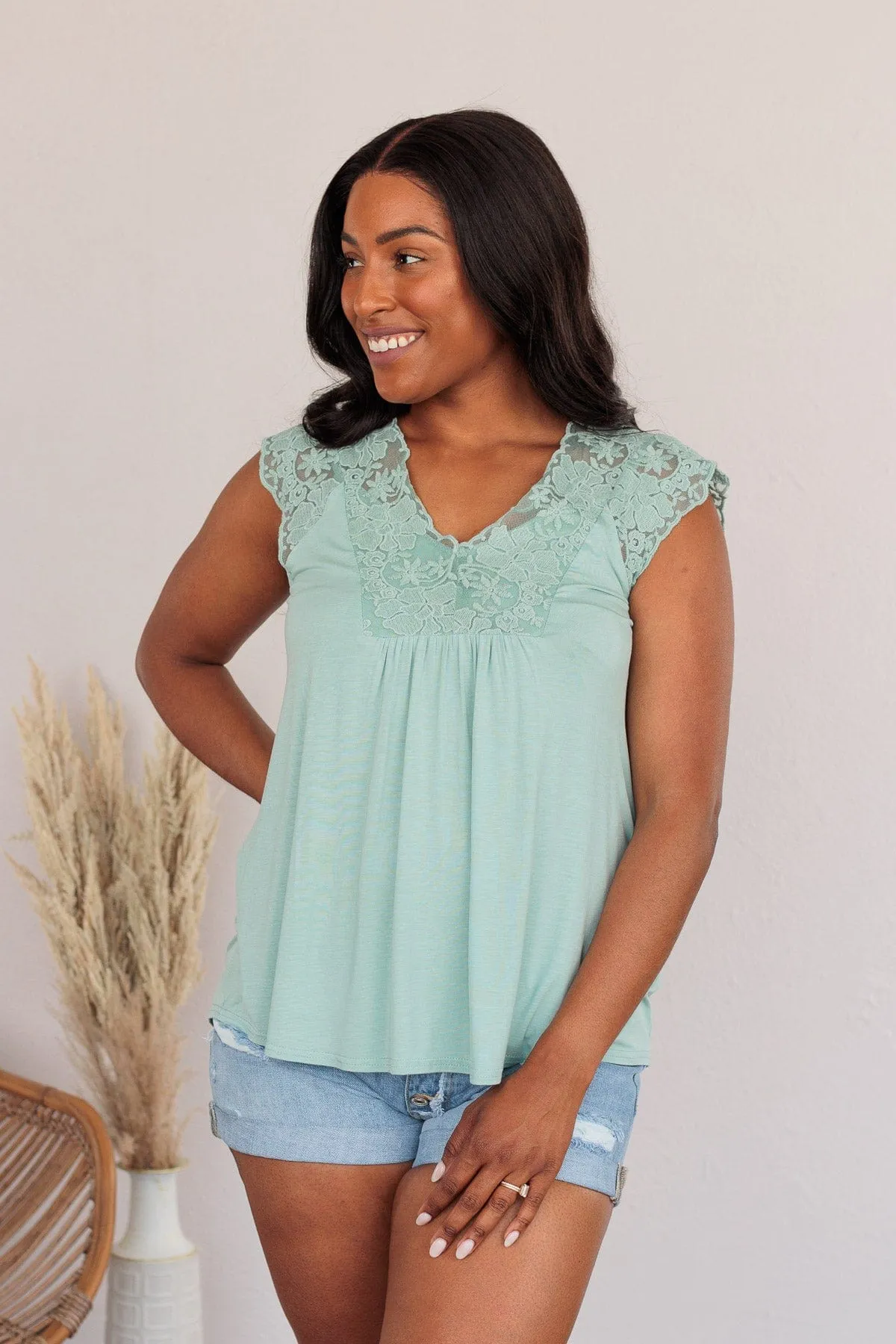 Out For The Day Lace Tank- Sage