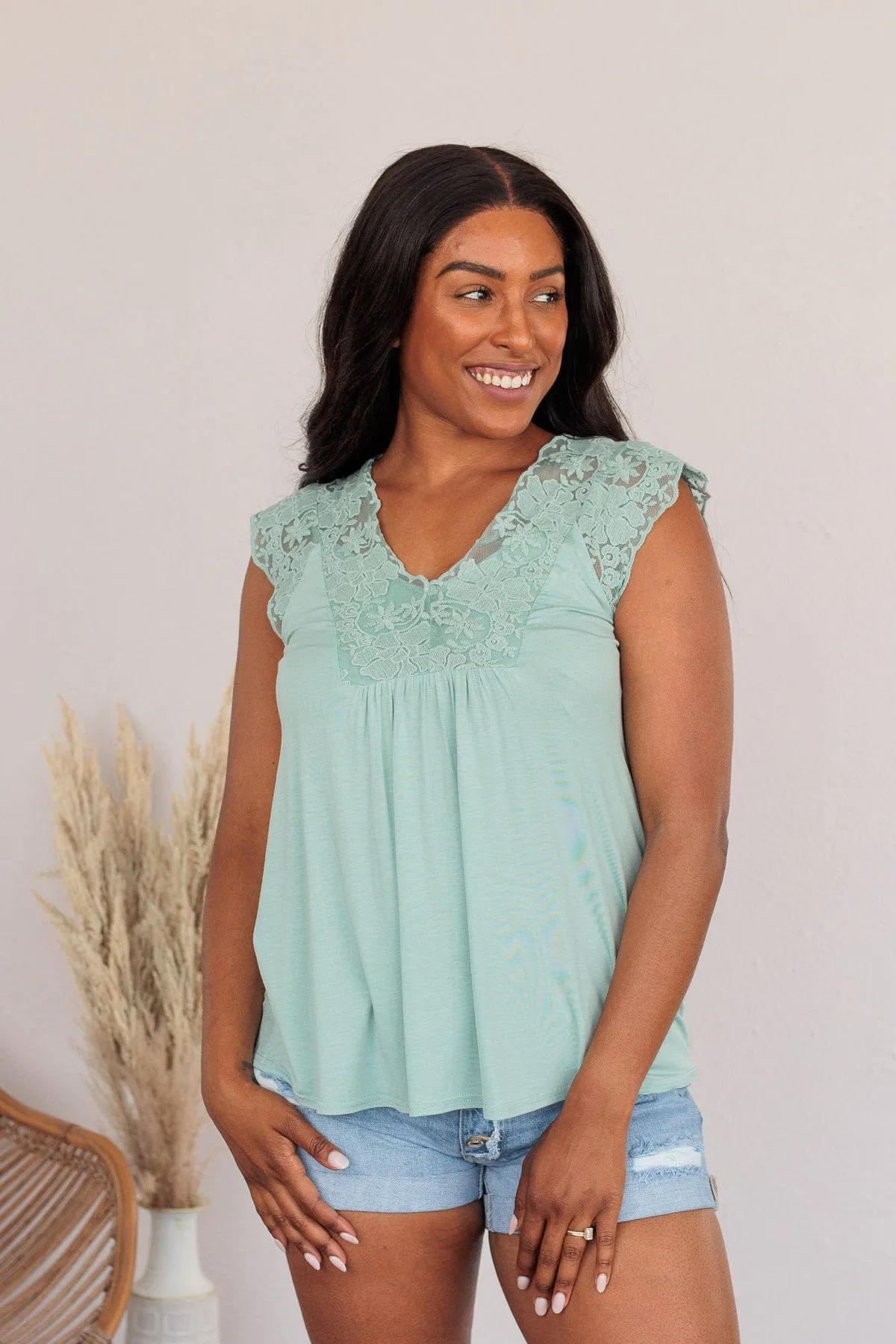 Out For The Day Lace Tank- Sage