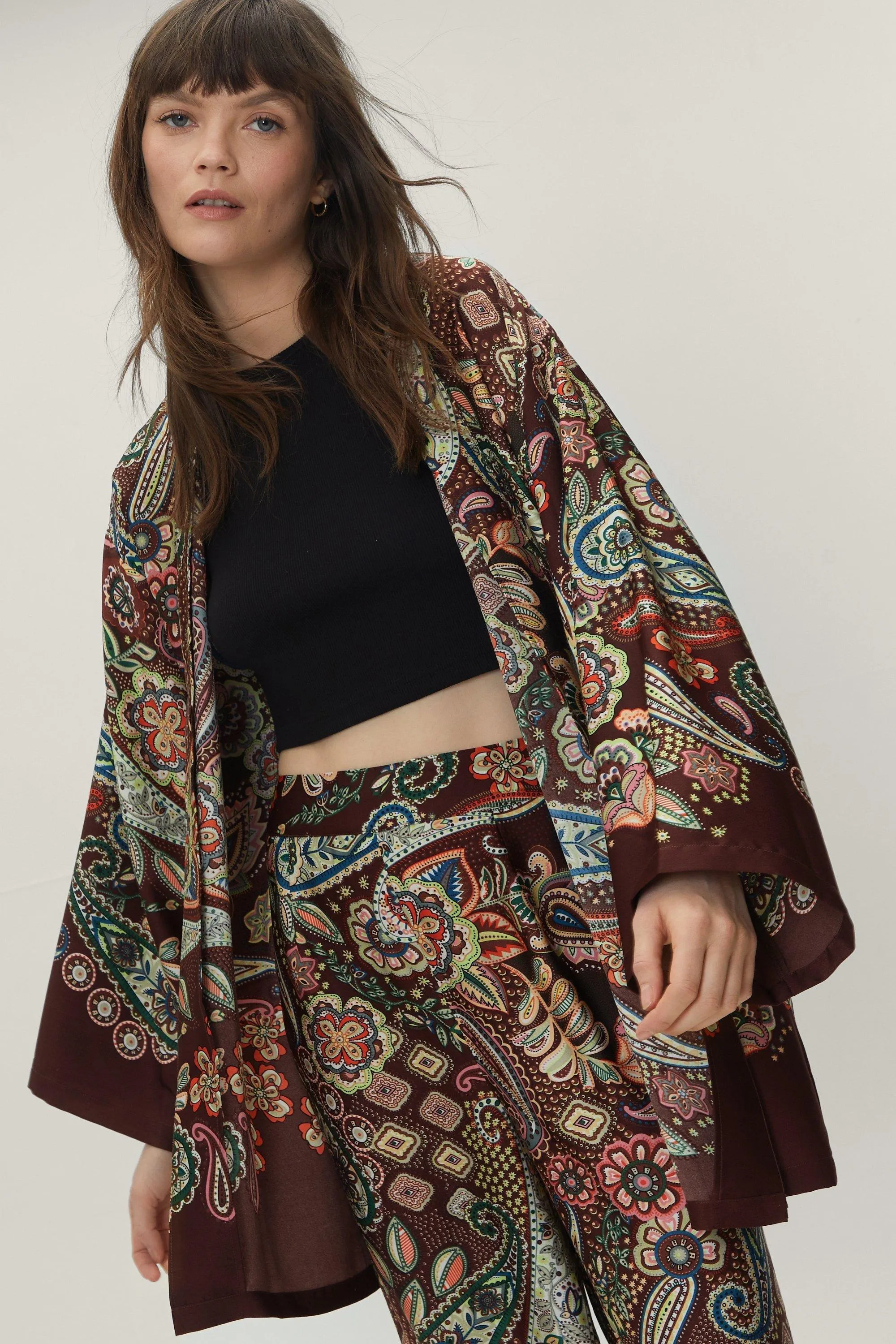 Paisley Print Satin Open Front Kimono Top