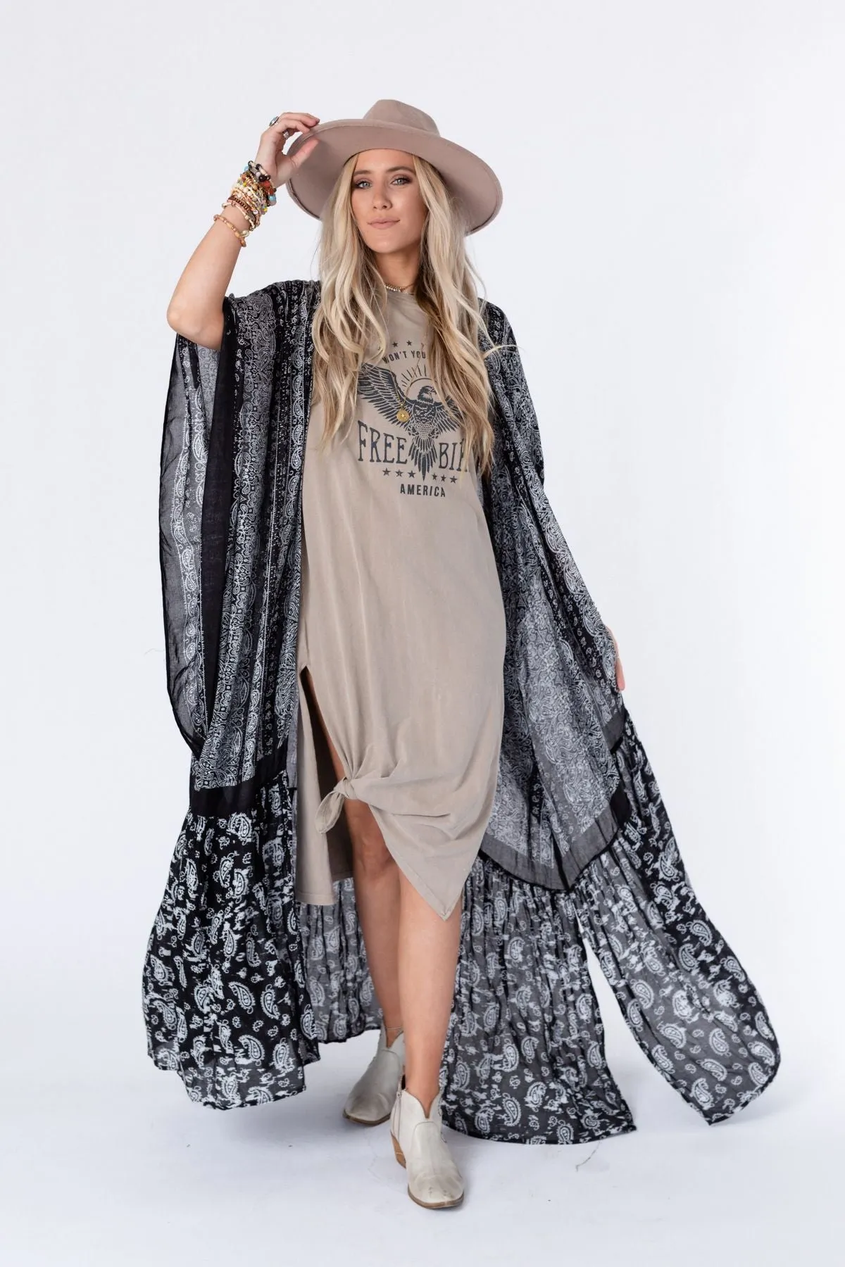 Paisley Tapestry Free Flow Duster Kimono - Black