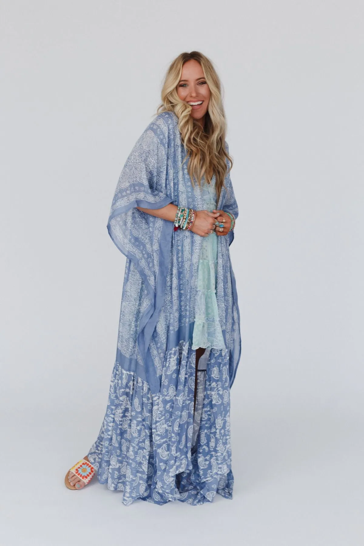 Paisley Tapestry Free Flow Duster Kimono - Chambray