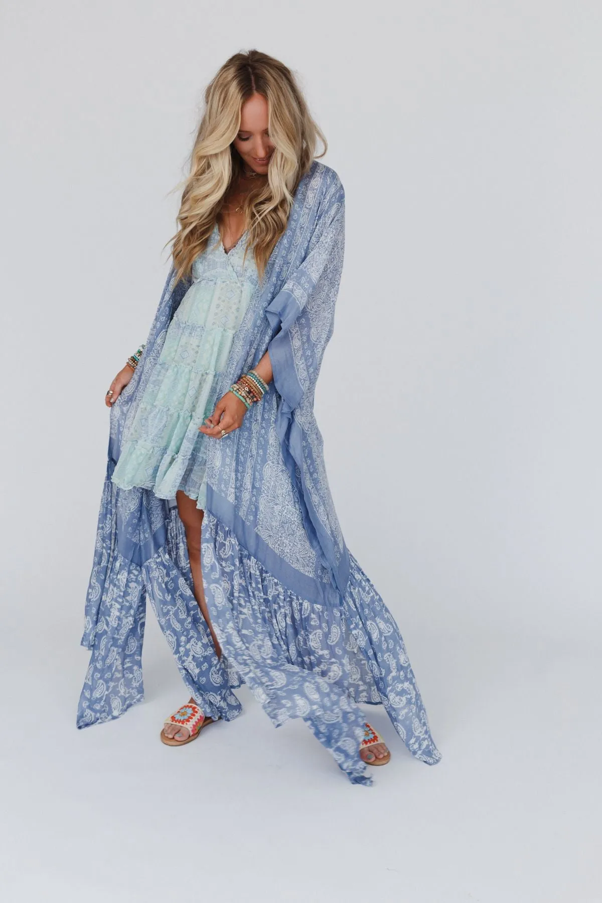 Paisley Tapestry Free Flow Duster Kimono - Chambray