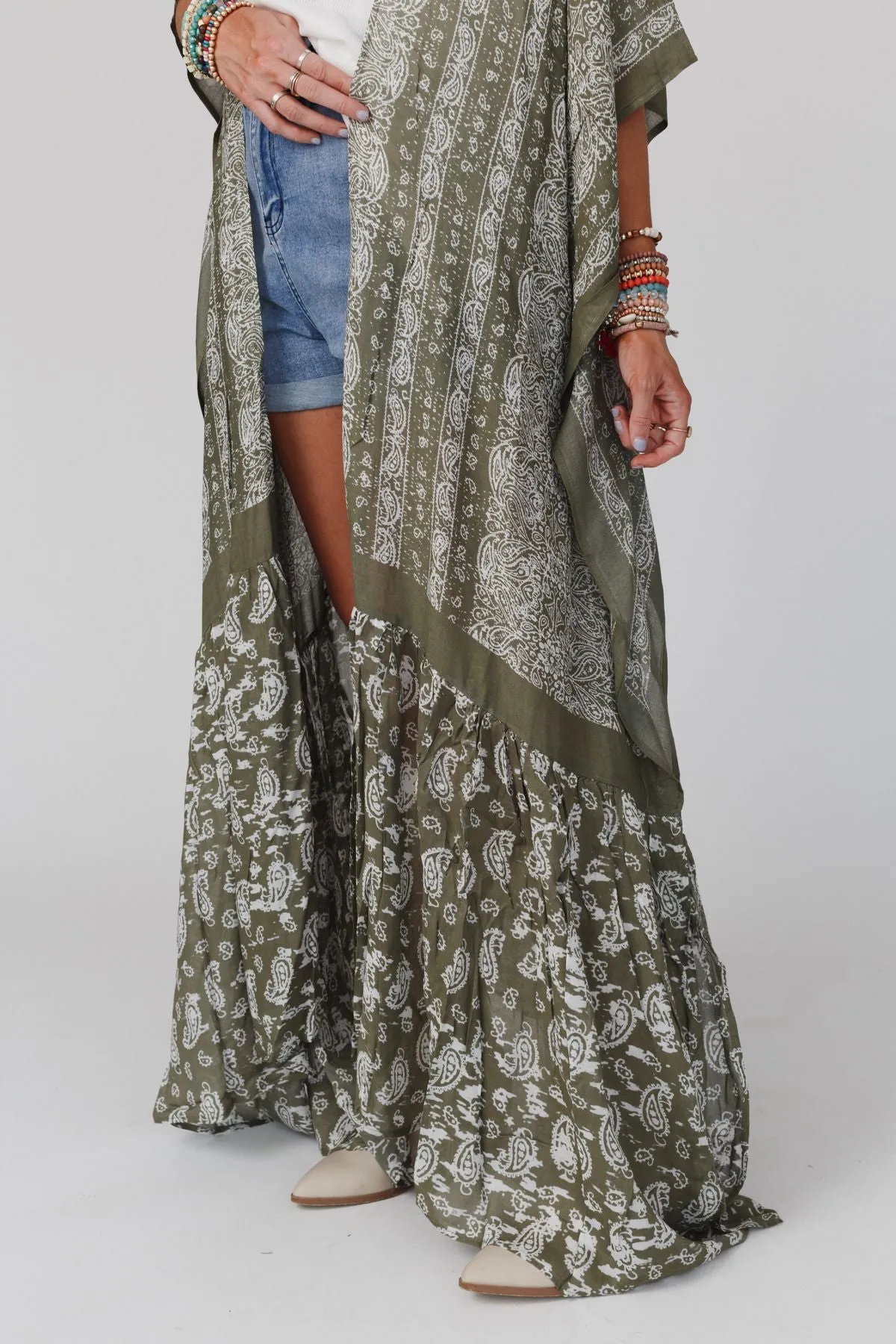 Paisley Tapestry Free Flow Duster Kimono - Olive