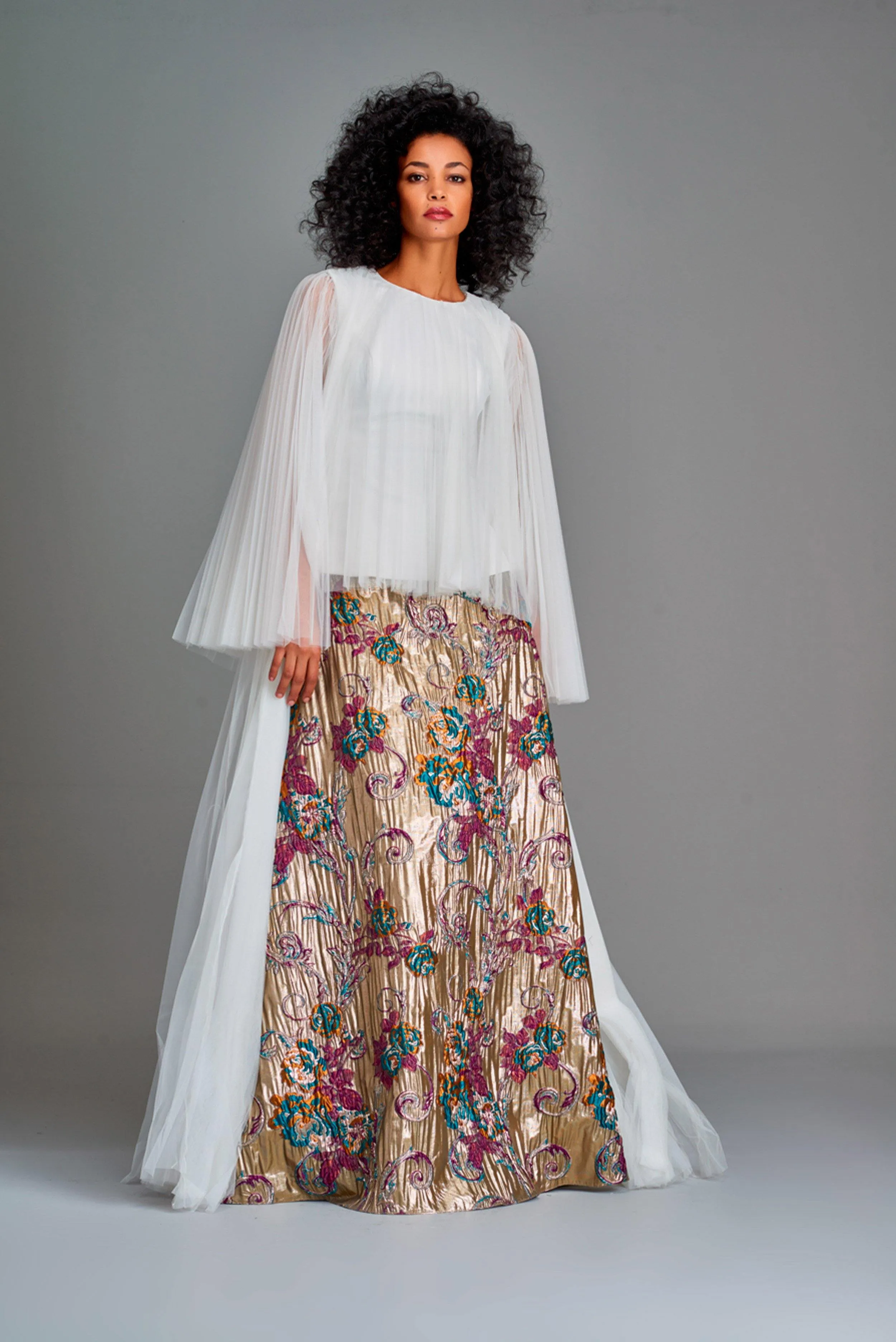 Pleated Tulle Top with Viscose Lining with Off-Shoulder Big Flower Jacquard Skirt