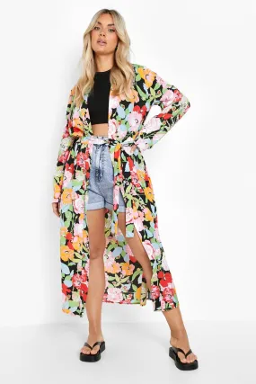 Plus Floral Belted Longline Kimono