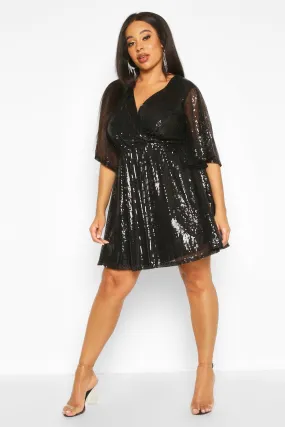 Plus Sequin Kimono Sleeve Skater Dress