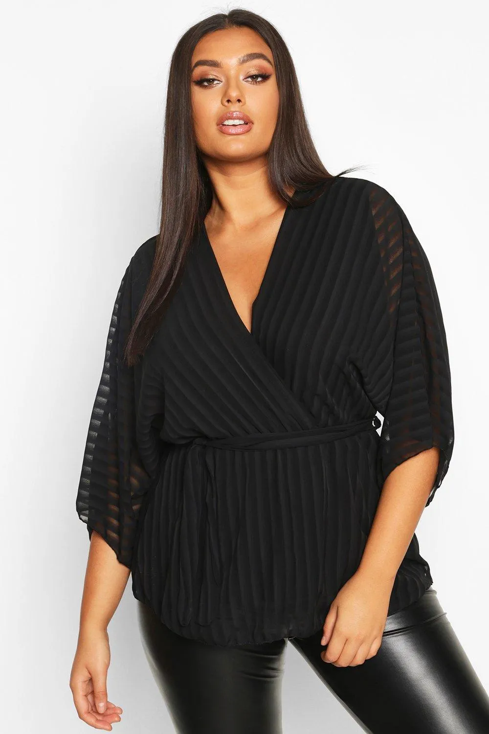 Plus Stripe Kimono Sleeve Peplum Wrap Tie Blouse