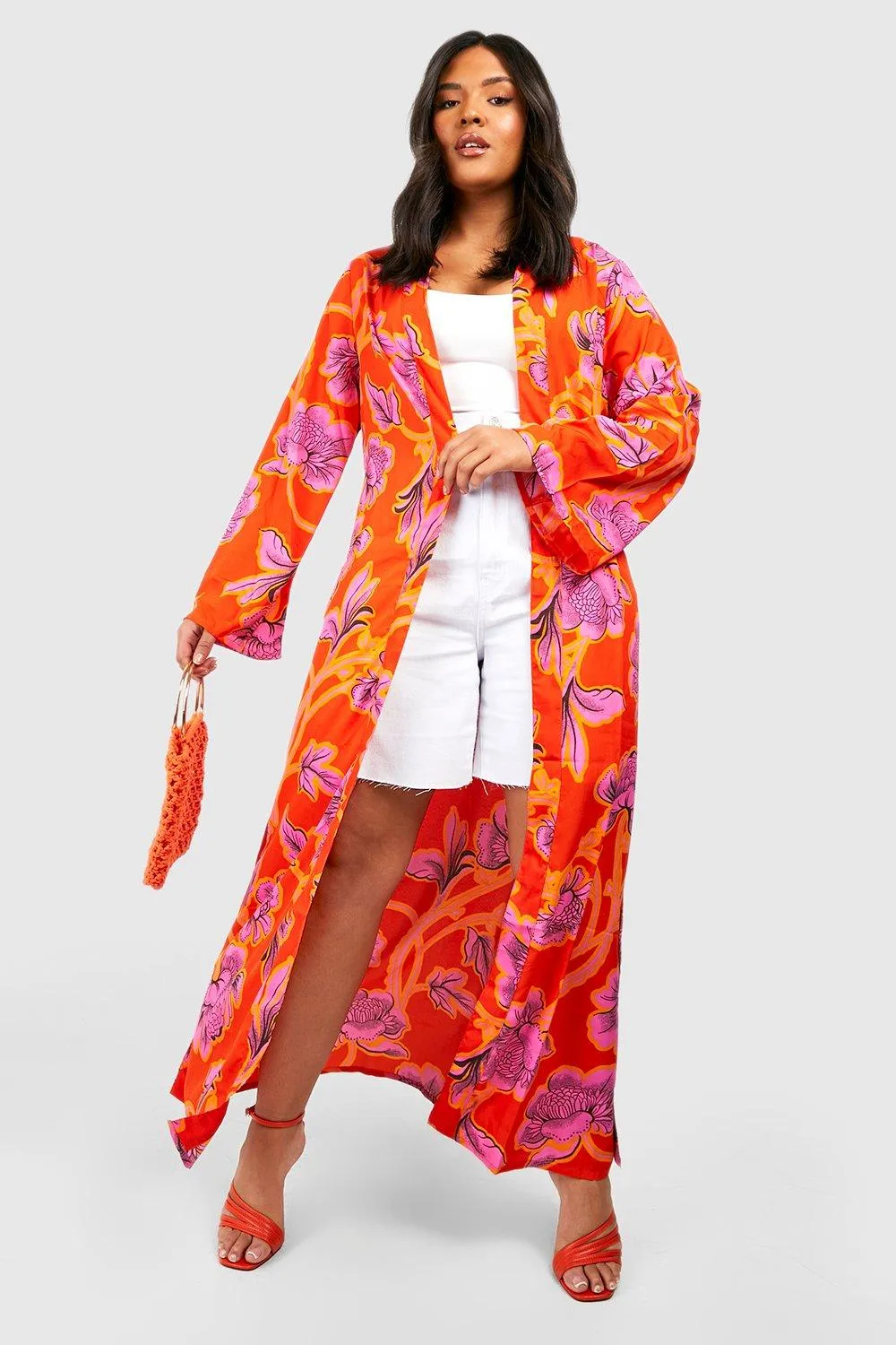 Plus Woven Large Floral Print Belted Longline Kimono