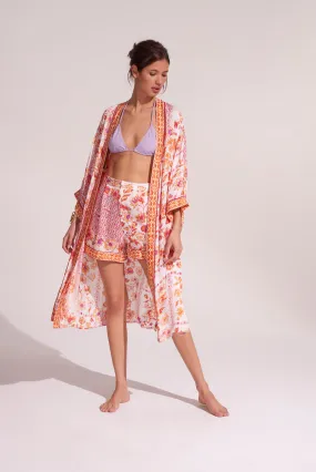 Poupette St Barth - Long Kimono Erica - White Orange Botanique