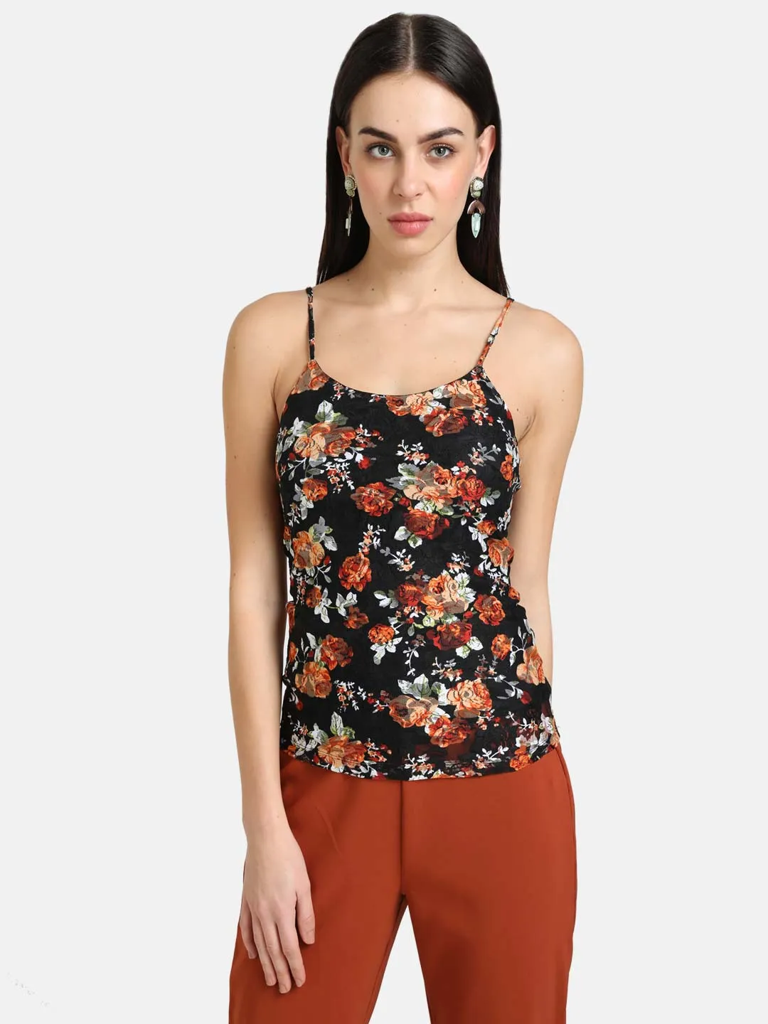 Printed Stretch Lace Spaghetti Top