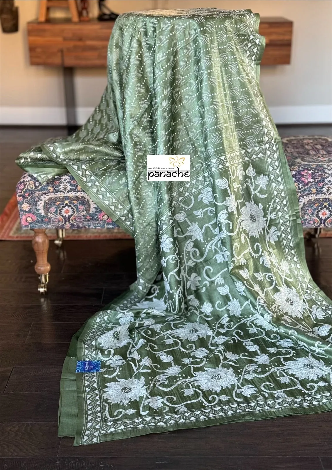 Pure Tussar Silk Kantha Stitch - Green