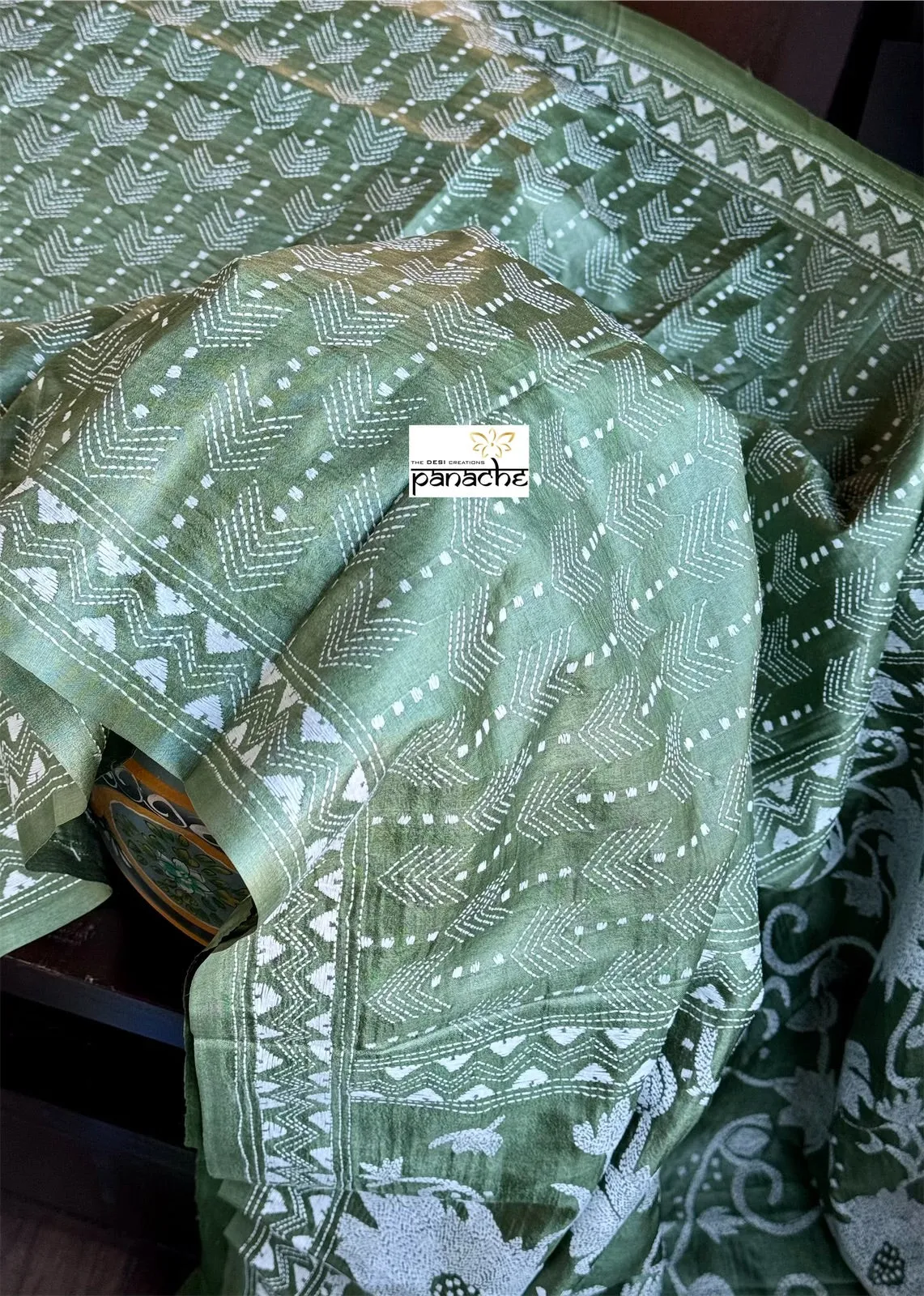 Pure Tussar Silk Kantha Stitch - Green