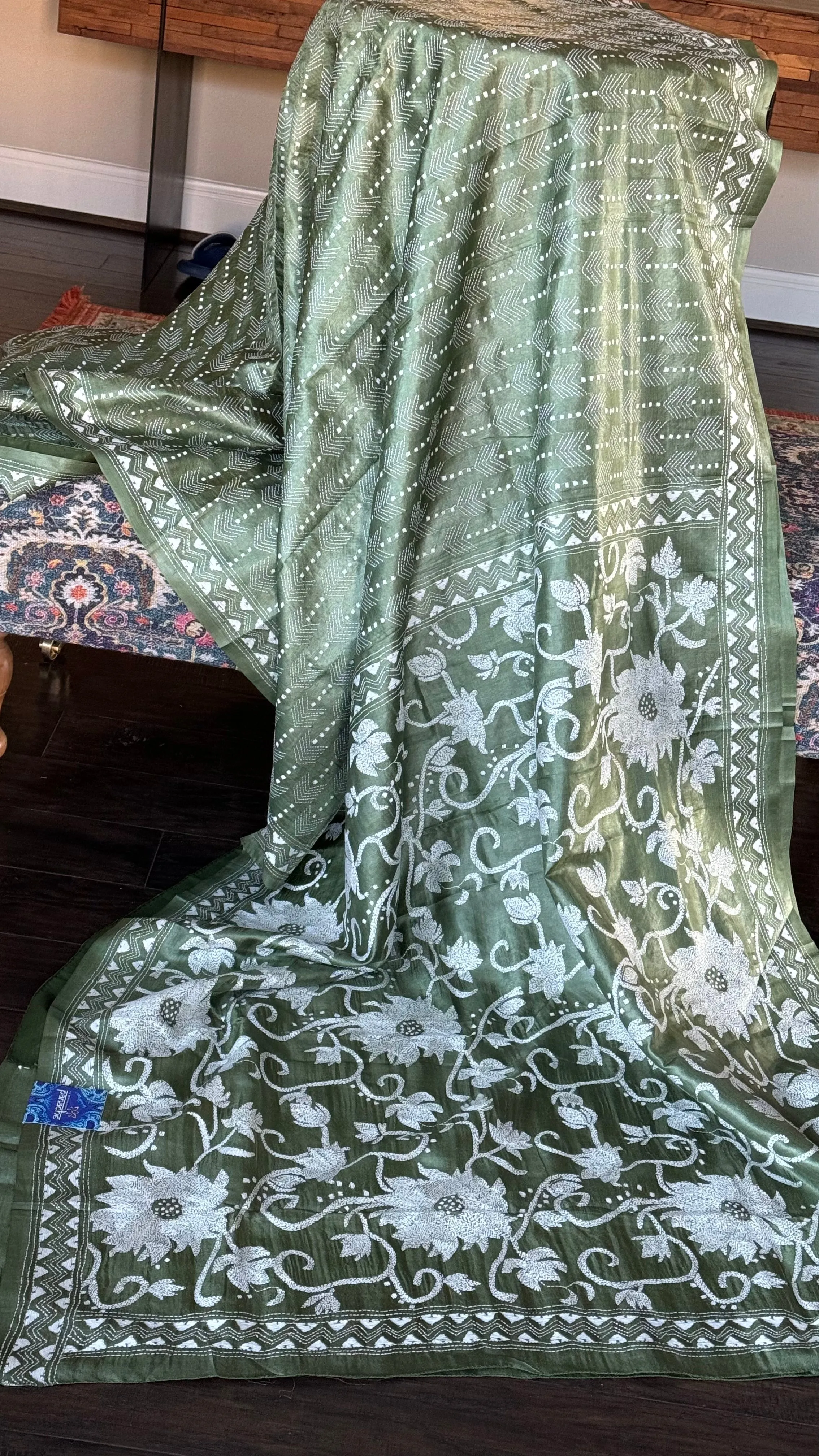 Pure Tussar Silk Kantha Stitch - Green