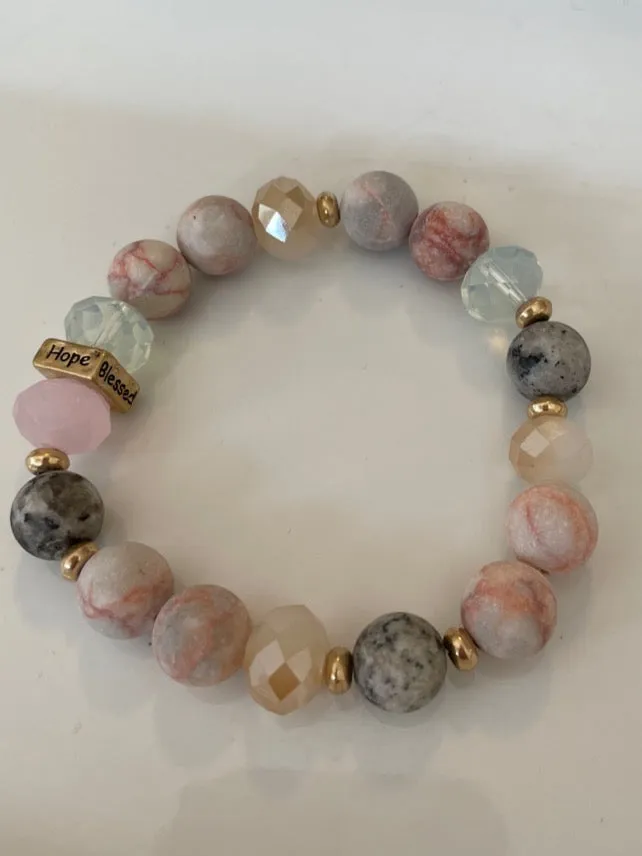 Rhodonite, Jasper and Glass bead gemstone 10mm Stretch Bracelet