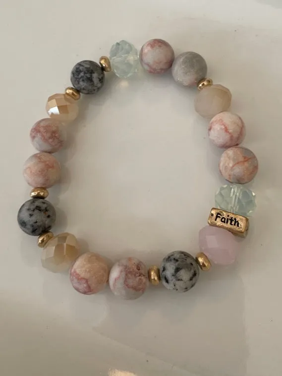 Rhodonite, Jasper and Glass bead gemstone 10mm Stretch Bracelet