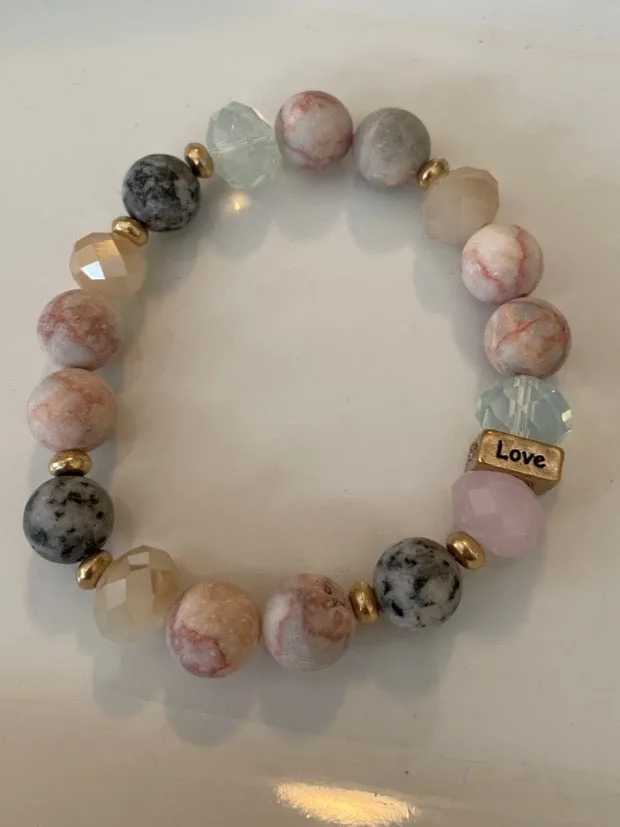 Rhodonite, Jasper and Glass bead gemstone 10mm Stretch Bracelet