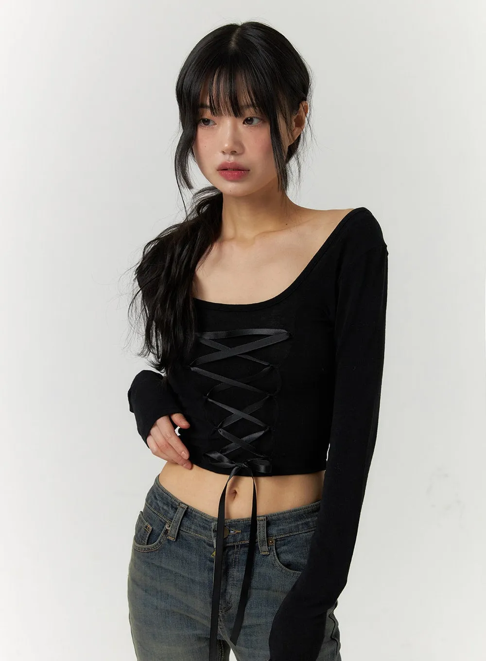 Ribbon Lace-Up Boat Neck Crop Top CF407