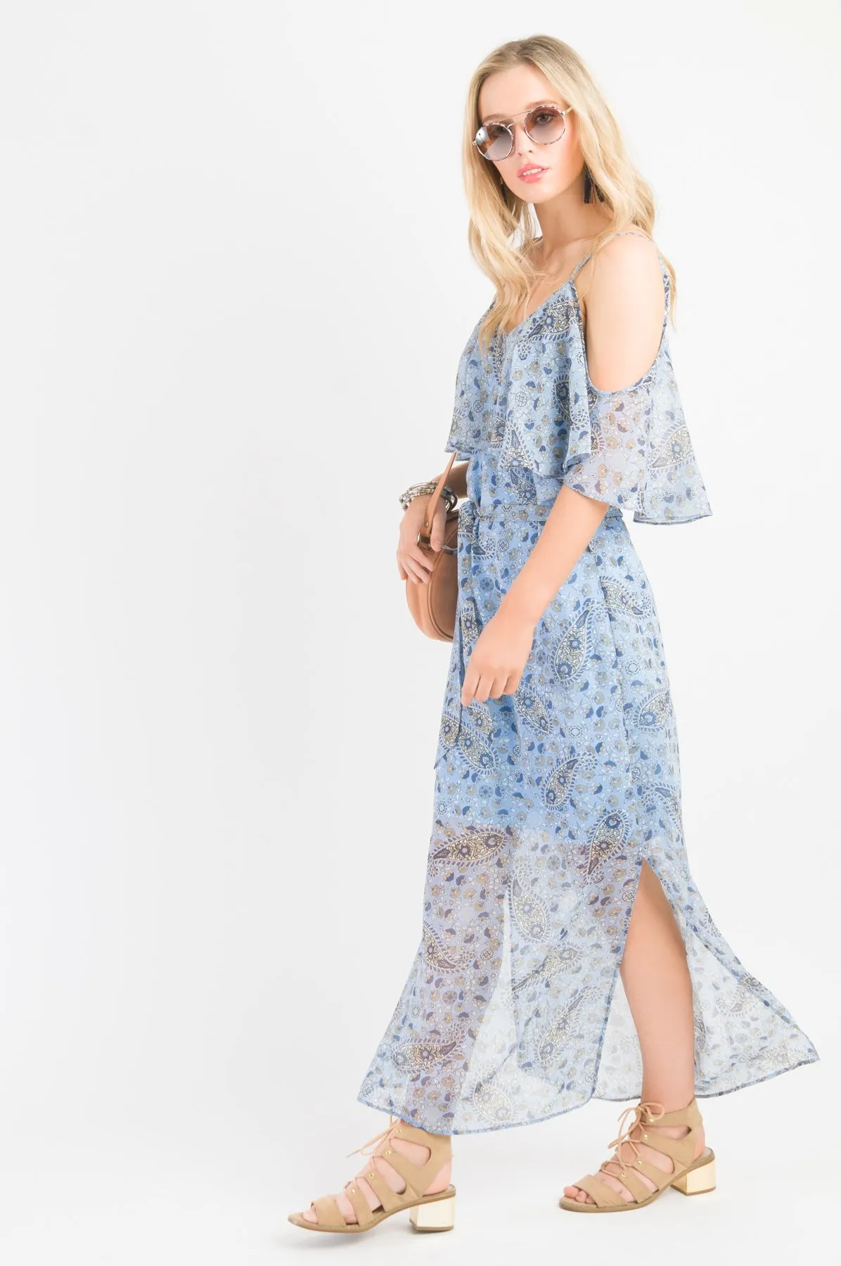 Ruffle Cami Maxi Dress - Blue print